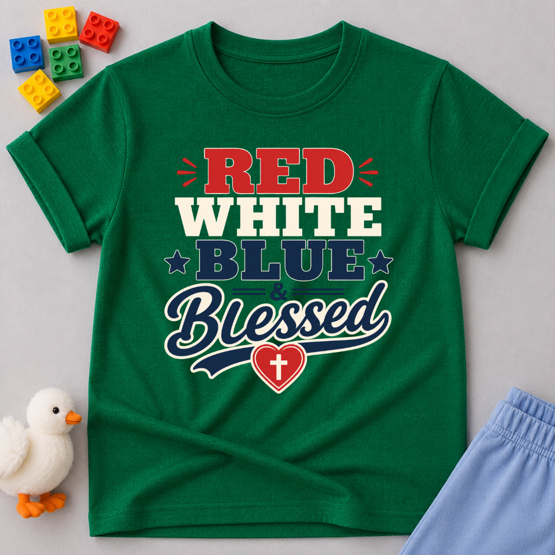 Red White Blue Blessed Shirt Christian kids shirt in green featuring patriotic typography and heart cross
