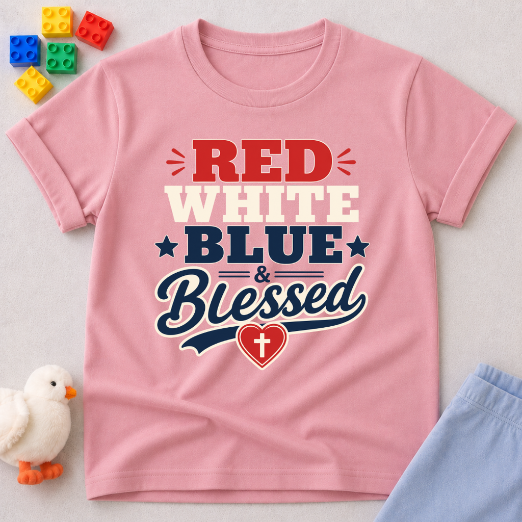 Red White Blue Blessed Shirt Christian kids shirt in pink featuring patriotic typography and heart cross
