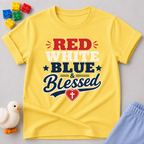 Red White Blue Blessed Shirt Christian kids shirt in yellow featuring patriotic typography and heart cross
