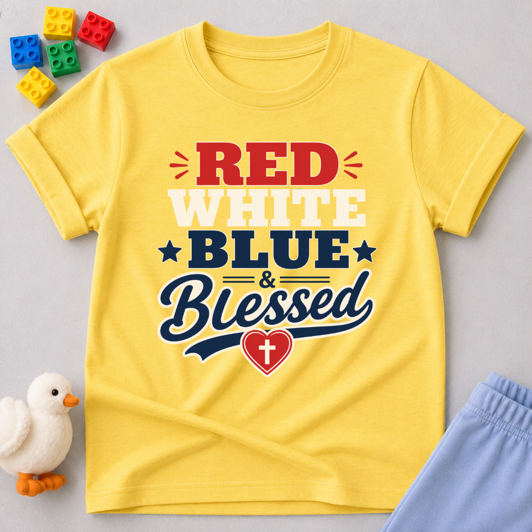 Red White Blue Blessed Shirt Christian kids shirt in yellow featuring patriotic typography and heart cross
