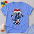 Red White Blue-saurus Dino Shirt Christian kids shirt in blue featuring a patriotic dinosaur
