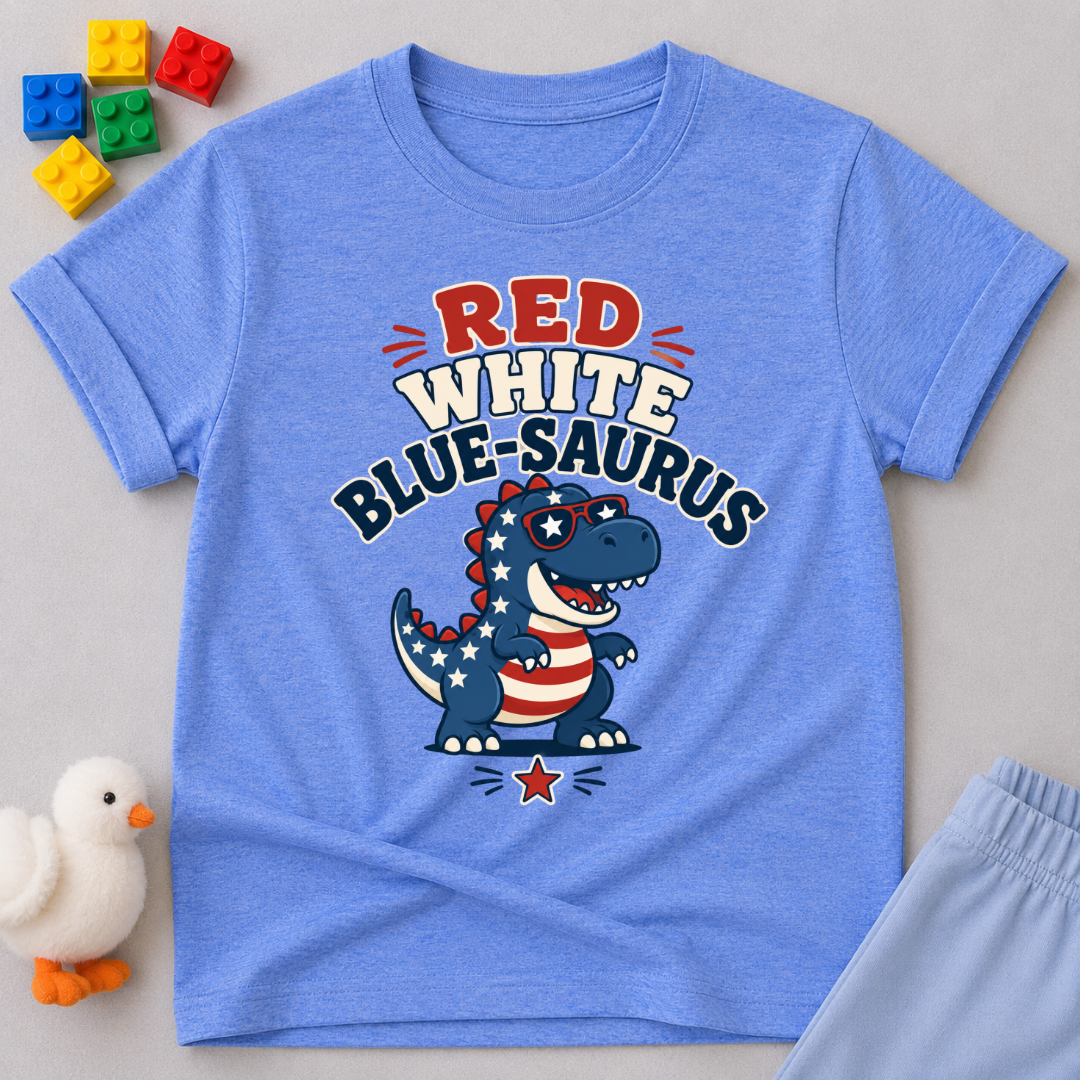 Red White Blue-saurus Dino Shirt Christian kids shirt in blue featuring a patriotic dinosaur

