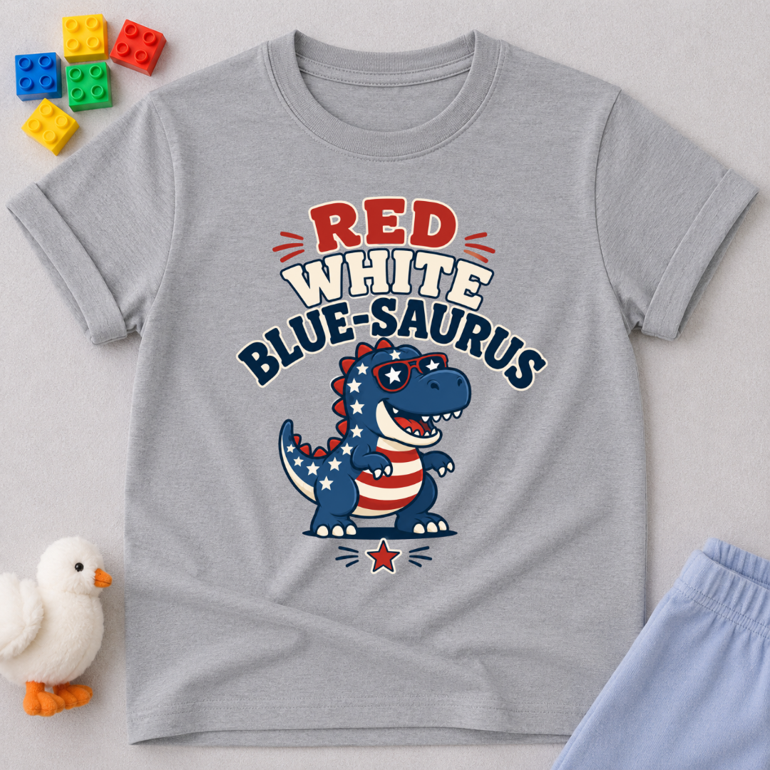 Red White Blue-saurus Dino Shirt Christian kids shirt in gray featuring a patriotic dinosaur
