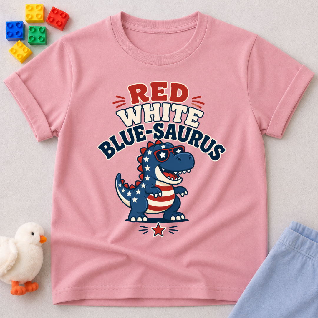 Red White Blue-saurus Dino Shirt Christian kids shirt in pink featuring a patriotic dinosaur
