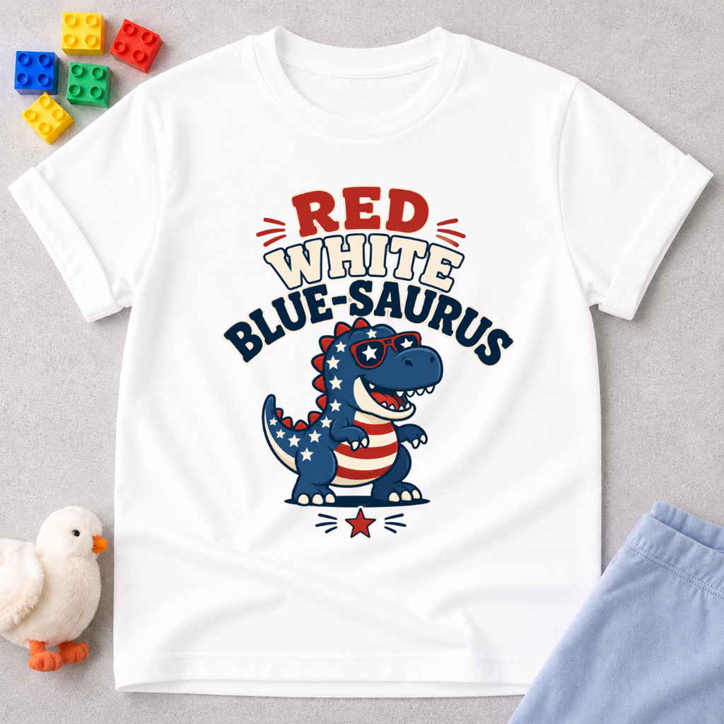 Red White Blue-saurus Dino Shirt Christian kids shirt in white featuring a patriotic dinosaur
