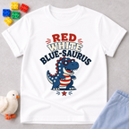 Red White Blue-saurus Dino Shirt Christian kids shirt in white featuring a patriotic dinosaur
