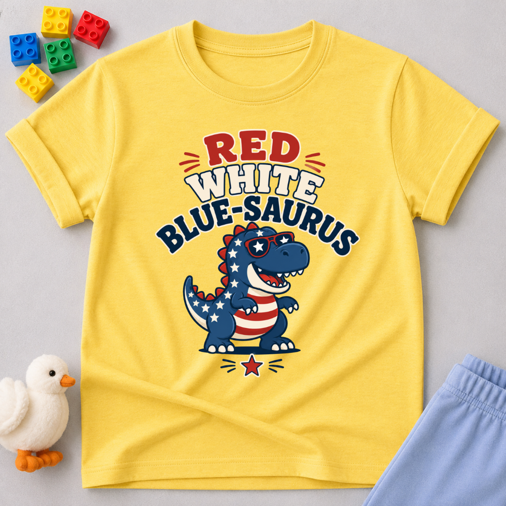 Red White Blue-saurus Dino Shirt Christian kids shirt in yellow featuring a patriotic dinosaur
