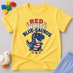 Red White Blue-saurus Dino Shirt Christian kids shirt in yellow featuring a patriotic dinosaur
