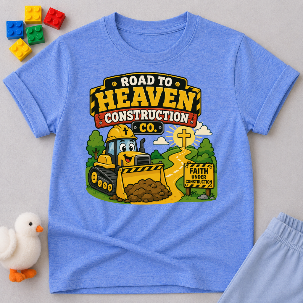Road to Heaven Construction Christian kids shirt in blue featuring construction vehicles building the road to heaven
