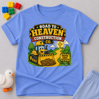 Road to Heaven Construction Christian kids shirt in blue featuring construction vehicles building the road to heaven

