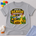 Road to Heaven Construction Christian kids shirt in gray featuring construction vehicles building the road to heaven
