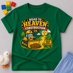 Road to Heaven Construction Christian kids shirt in green featuring construction vehicles building the road to heaven
