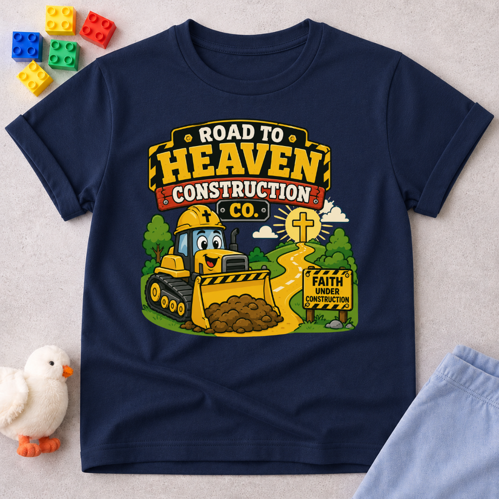 Road to Heaven Construction Christian kids shirt in navy featuring construction vehicles building the road to heaven
