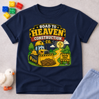 Road to Heaven Construction Christian kids shirt in navy featuring construction vehicles building the road to heaven
