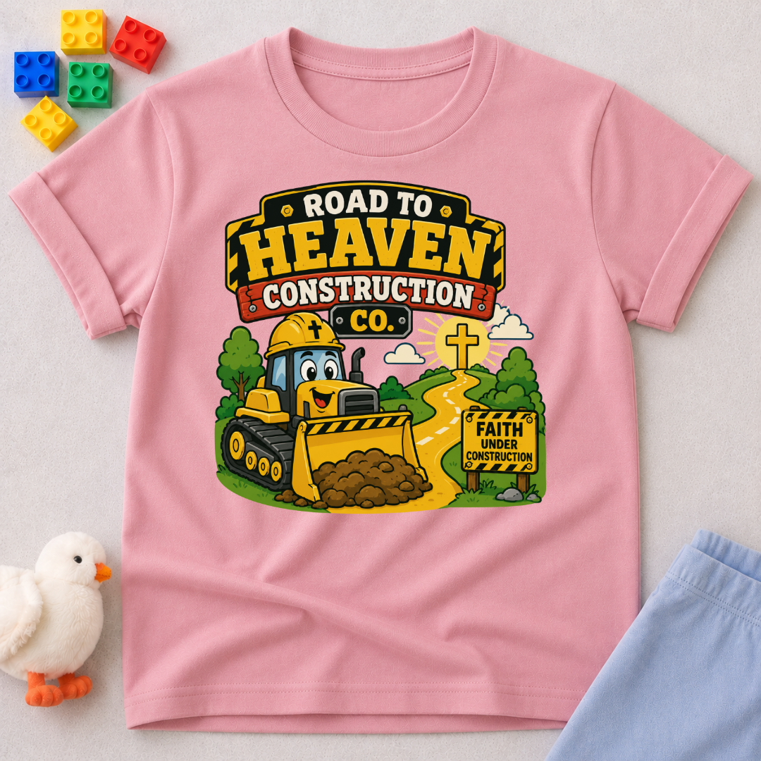 Road to Heaven Construction Christian kids shirt in pink featuring construction vehicles building the road to heaven
