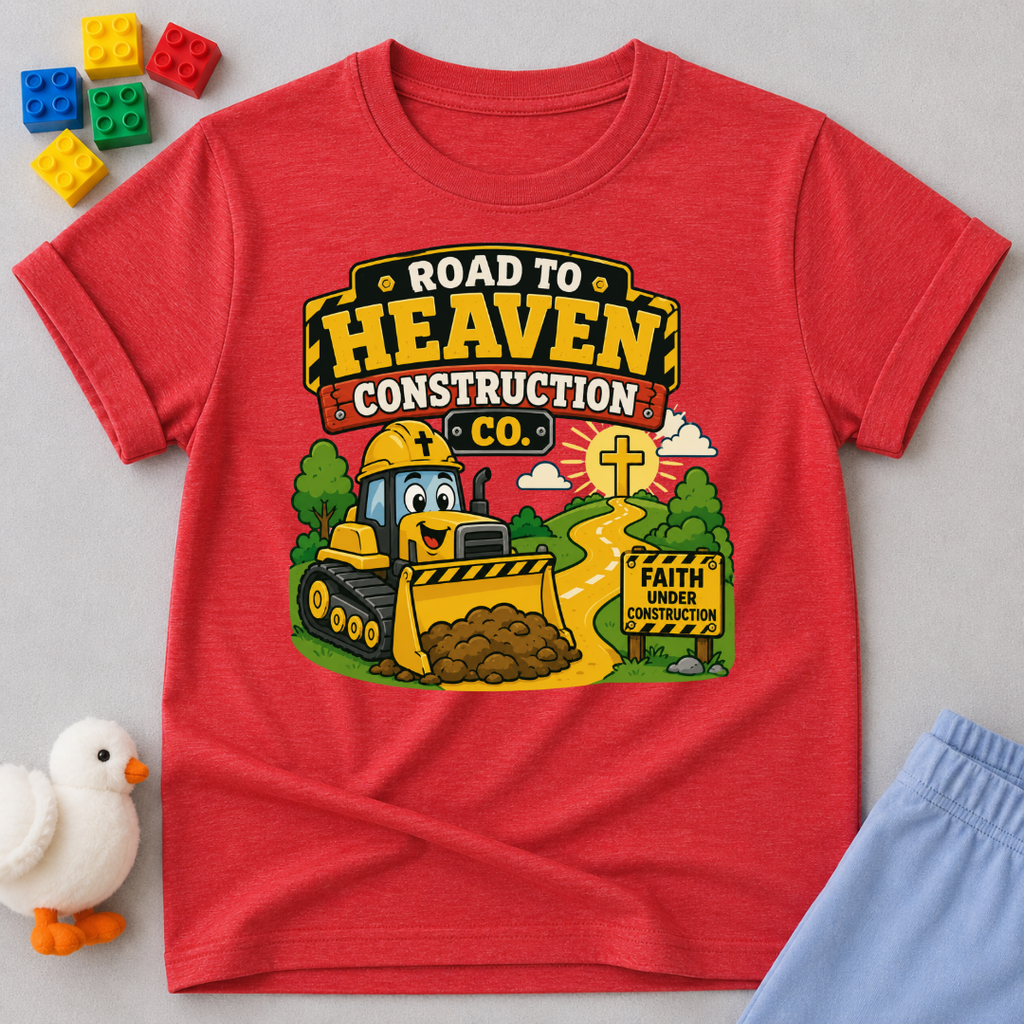 Road to Heaven Construction Christian kids shirt in red featuring construction vehicles building the road to heaven

