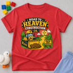 Road to Heaven Construction Christian kids shirt in red featuring construction vehicles building the road to heaven
