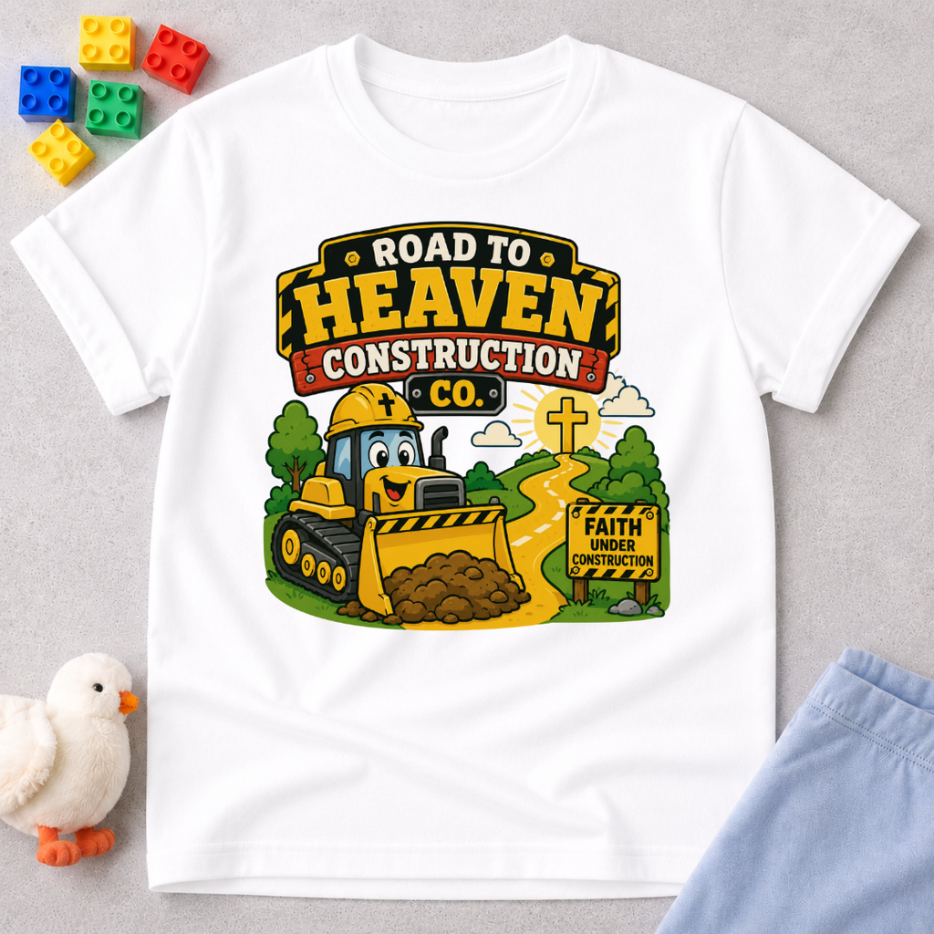 Road to Heaven Construction Christian kids shirt in white featuring construction vehicles building the road to heaven
