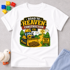 Road to Heaven Construction Christian kids shirt in white featuring construction vehicles building the road to heaven

