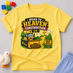 Road to Heaven Construction Christian kids shirt in yellow featuring construction vehicles building the road to heaven
