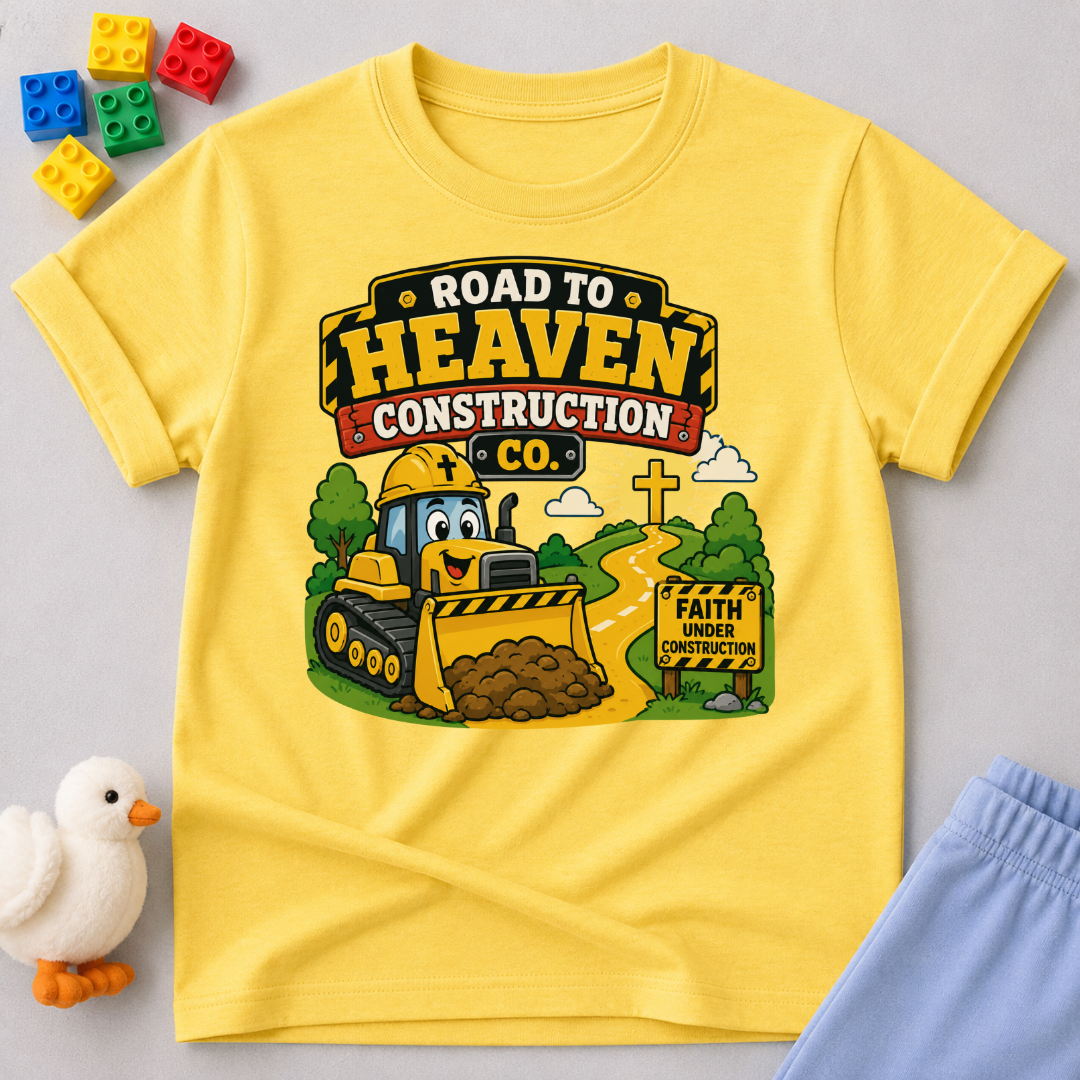 Road to Heaven Construction Christian kids shirt in yellow featuring construction vehicles building the road to heaven
