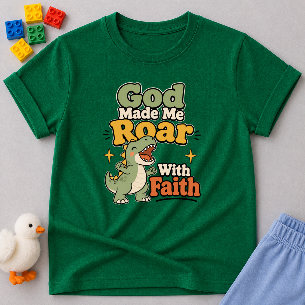 Roaring Faith Dino Adventure Shirt Christian kids shirt in green featuring a dinosaur and faith-inspired message
