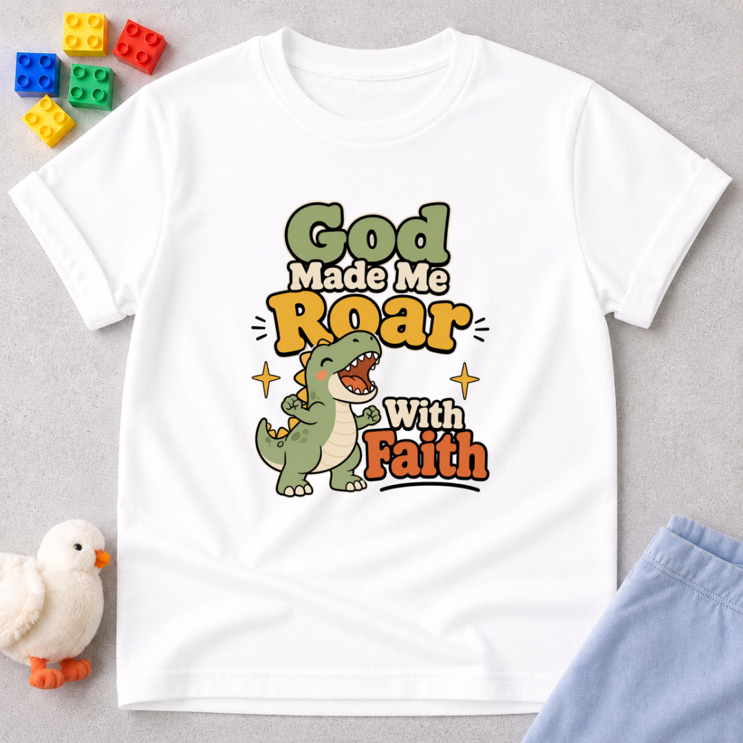 Roaring Faith Dino Adventure Shirt Christian kids shirt in white featuring a dinosaur and faith-inspired message

