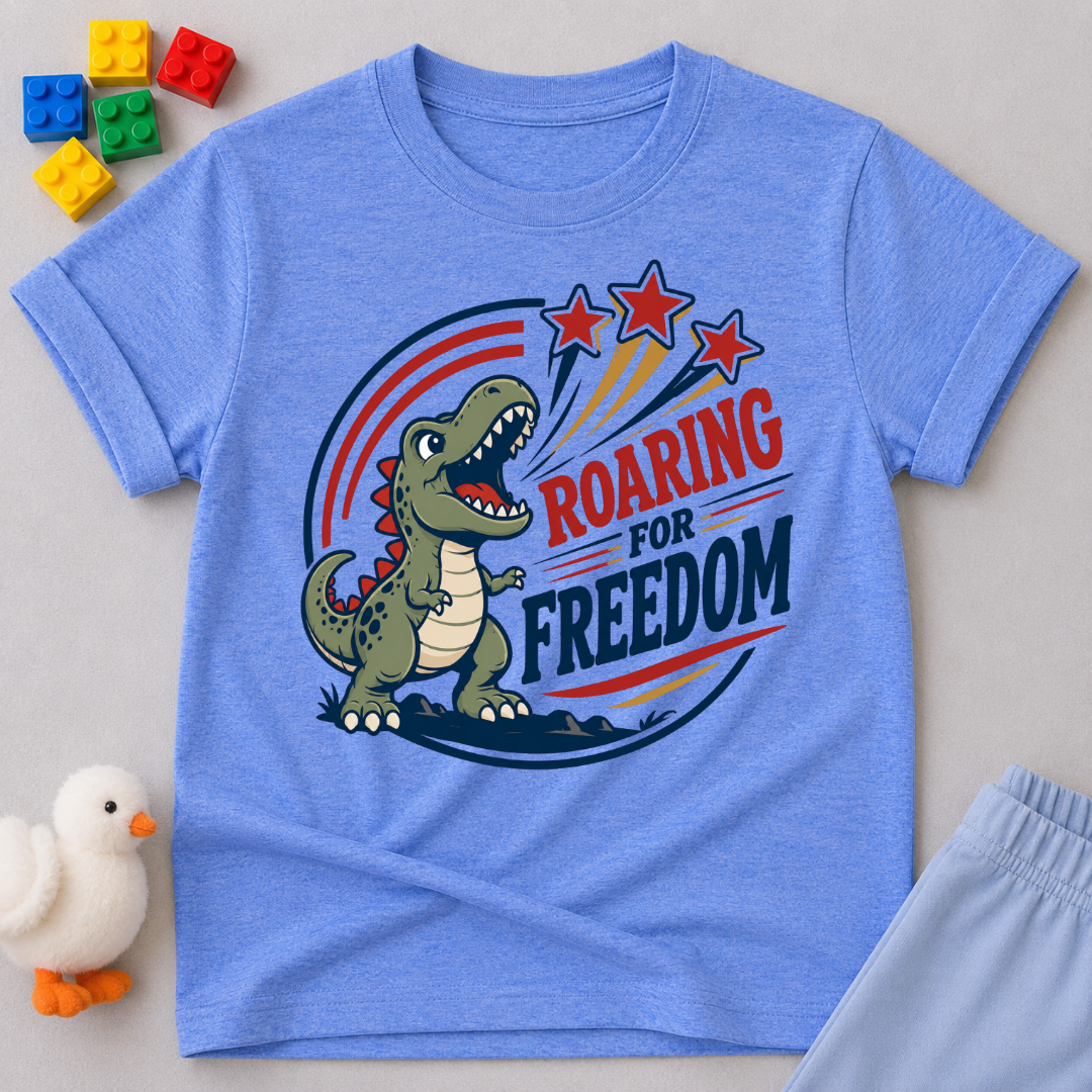 Roaring for Freedom Dino Shirt Christian kids shirt in blue featuring a patriotic roaring dinosaur
