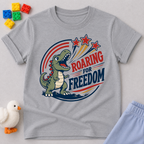 Roaring for Freedom Dino Shirt Christian kids shirt in gray featuring a patriotic roaring dinosaur
