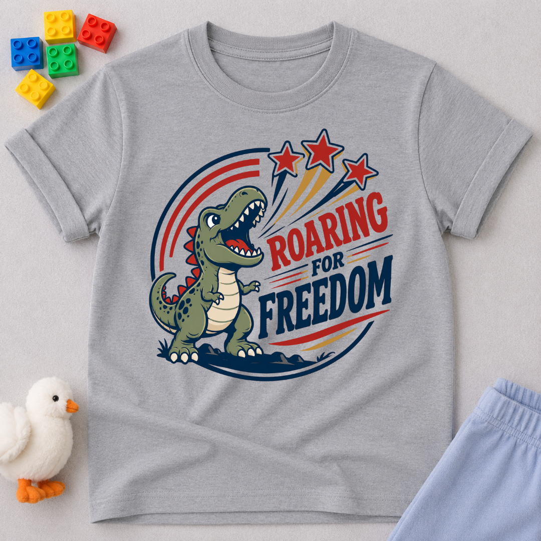 Roaring for Freedom Dino Shirt Christian kids shirt in gray featuring a patriotic roaring dinosaur
