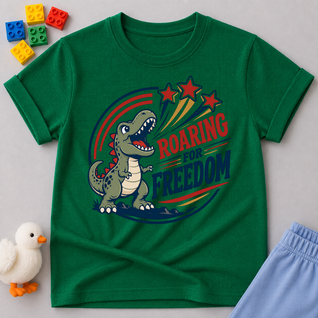 Roaring for Freedom Dino Shirt Christian kids shirt in green featuring a patriotic roaring dinosaur
