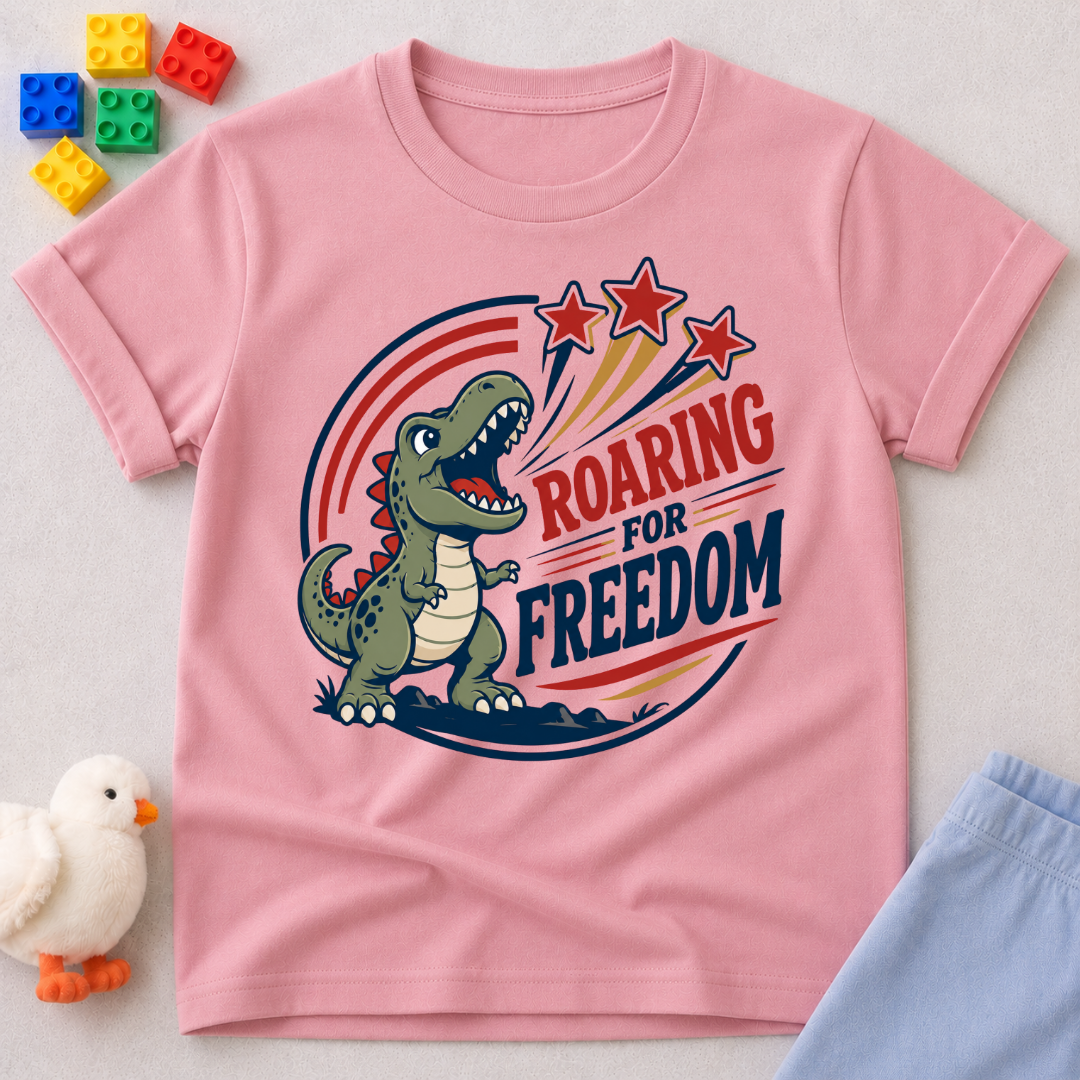 Roaring for Freedom Dino Shirt Christian kids shirt in pink featuring a patriotic roaring dinosaur
