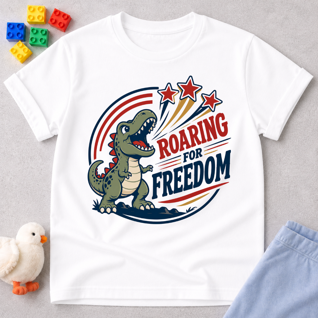 Roaring for Freedom Dino Shirt Christian kids shirt in white featuring a patriotic roaring dinosaur

