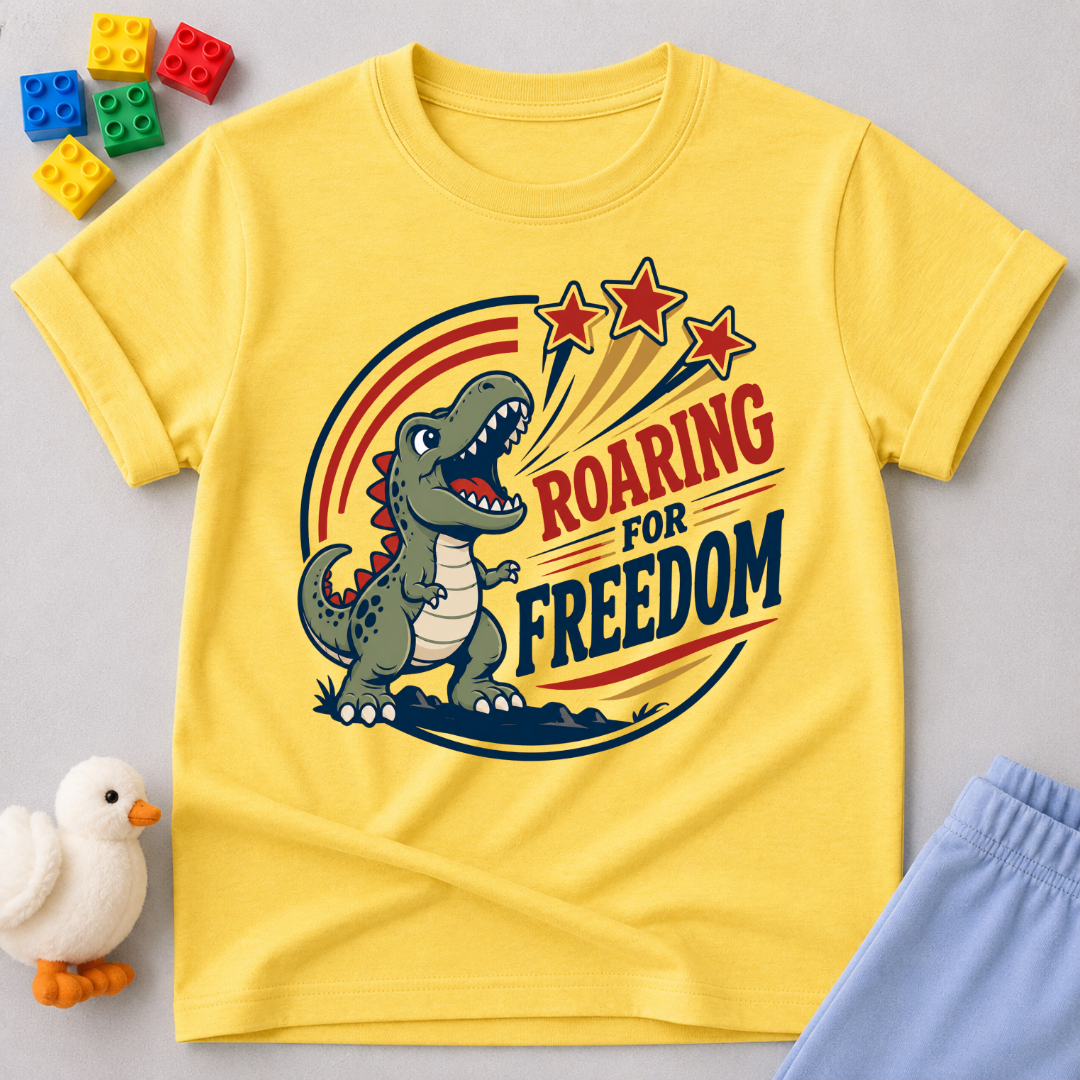 Roaring for Freedom Dino Shirt Christian kids shirt in yellow featuring a patriotic roaring dinosaur
