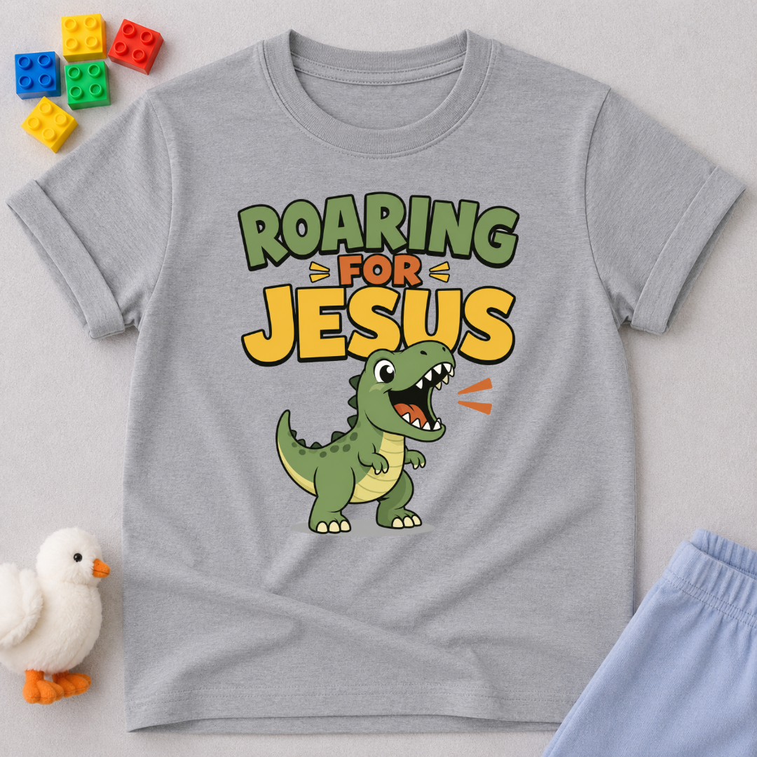 Roaring for Jesus Dino Christian kids shirt in gray featuring a happy roaring dinosaur and Christian message
