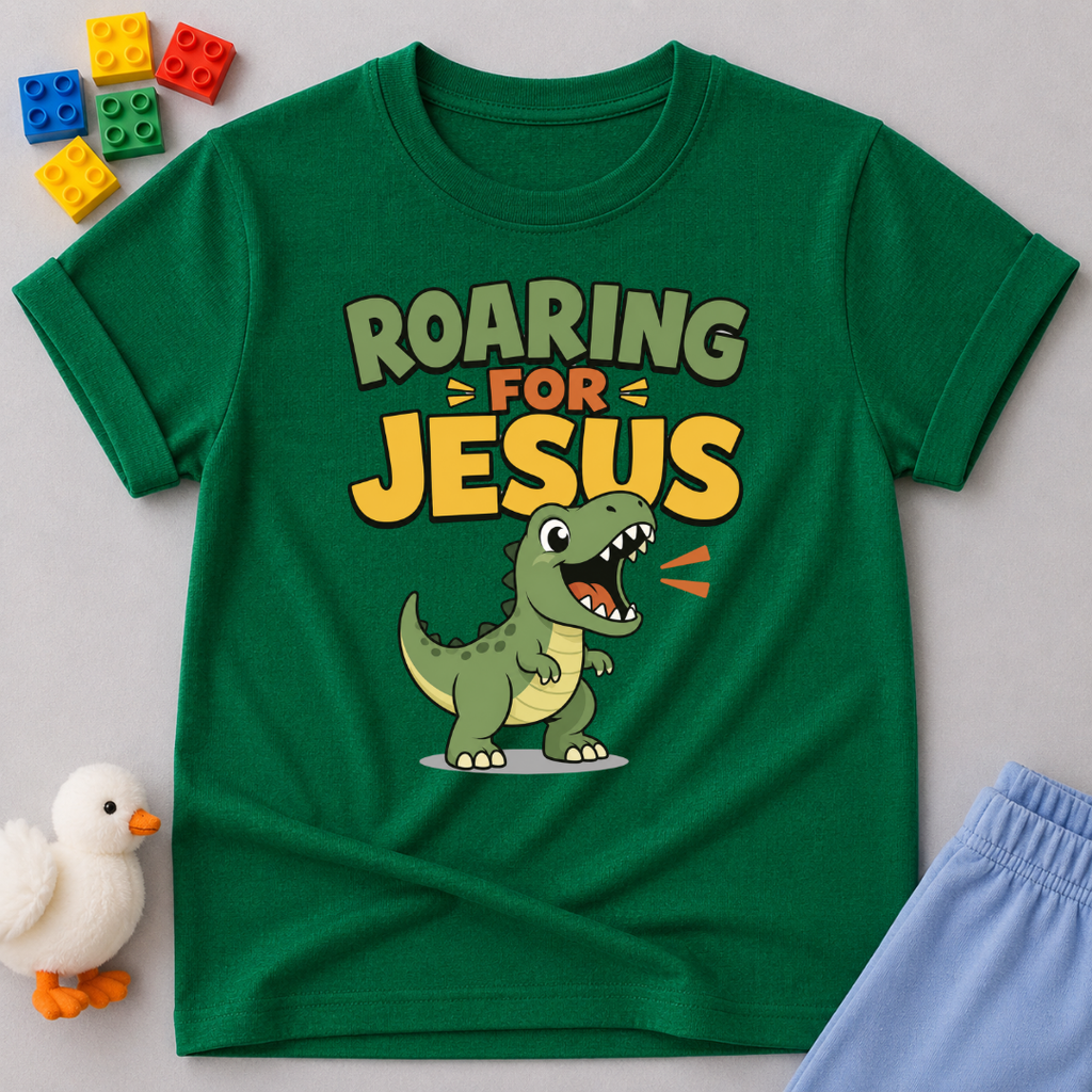 Roaring for Jesus Dino Christian kids shirt in green featuring a happy roaring dinosaur and Christian message
