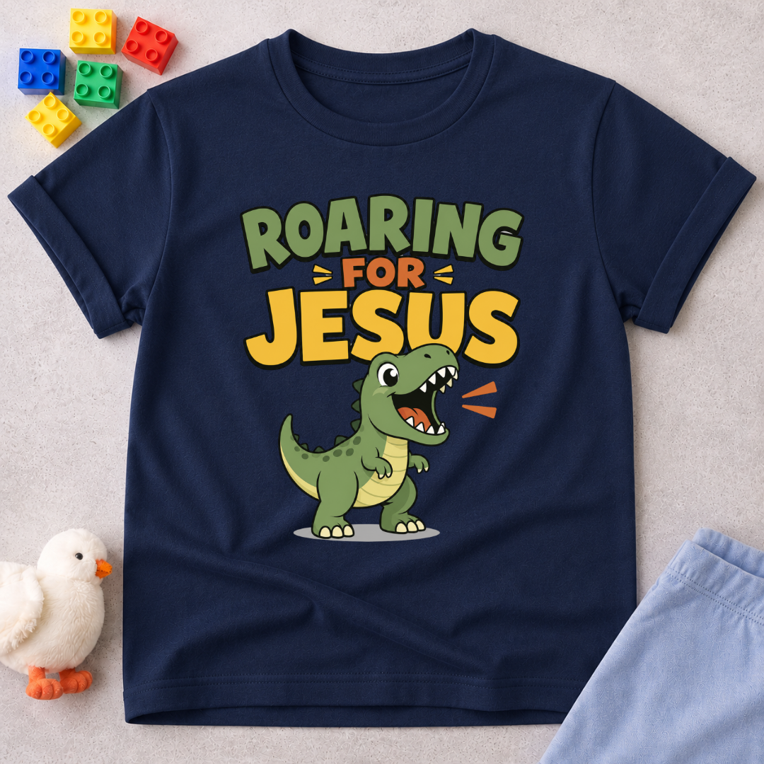 Roaring for Jesus Dino Christian kids shirt in navy featuring a happy roaring dinosaur and Christian message

