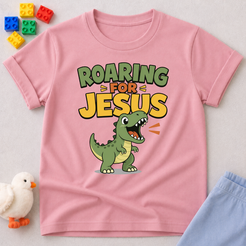 Roaring for Jesus Dino Christian kids shirt in pink featuring a happy roaring dinosaur and Christian message

