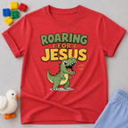Roaring for Jesus Dino Christian kids shirt in red featuring a happy roaring dinosaur and Christian message

