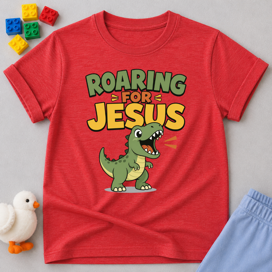 Roaring for Jesus Dino Christian kids shirt in red featuring a happy roaring dinosaur and Christian message
