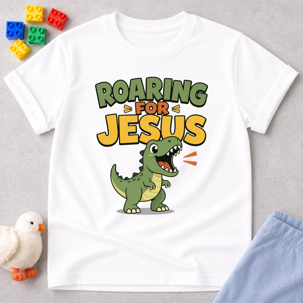 Roaring for Jesus Dino Christian kids shirt in white featuring a happy roaring dinosaur and Christian message
