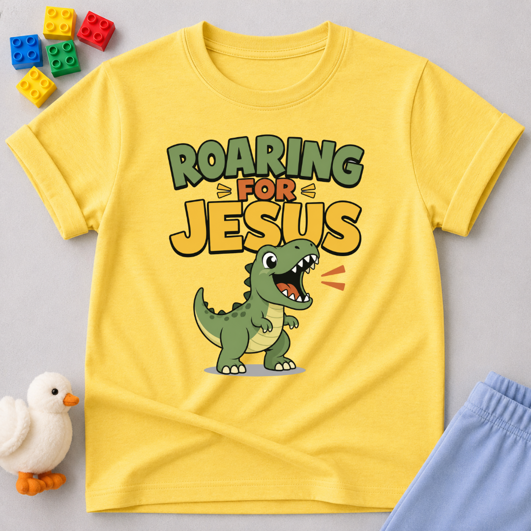 Roaring for Jesus Dino Christian kids shirt in yellow featuring a happy roaring dinosaur and Christian message
