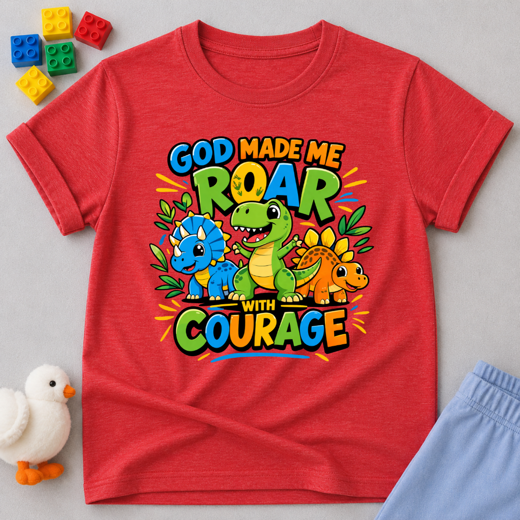 Roaring With Courage And Faith Christian kids shirt in Red featuring dinosaurs and a bold courage-themed message