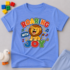 Roaring with Joy Christian kids shirt in blue featuring a happy lion singing with musical notes
