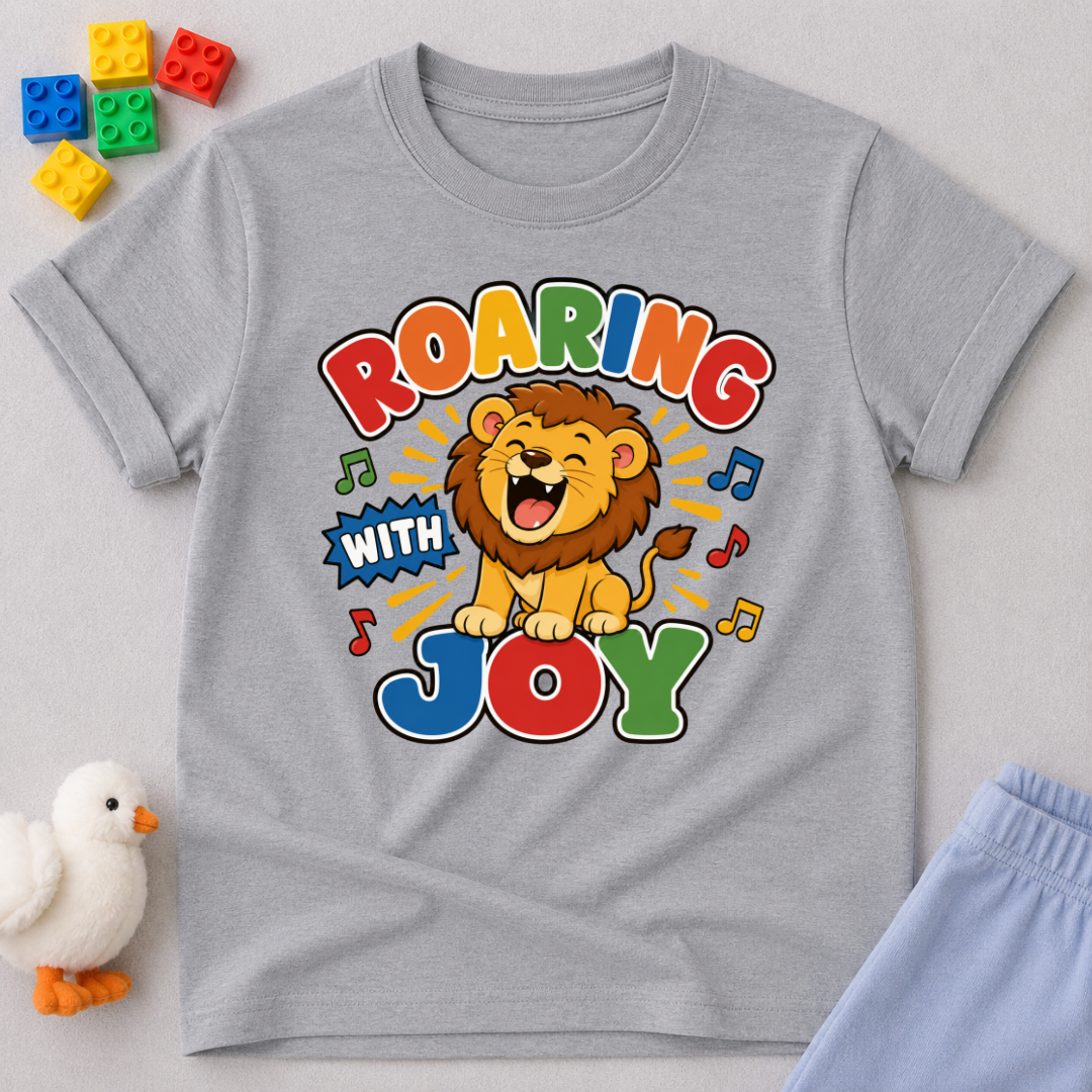 Roaring with Joy Christian kids shirt in gray featuring a happy lion singing with musical notes

