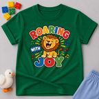Roaring with Joy Christian kids shirt in green featuring a happy lion singing with musical notes
