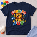 Roaring with Joy Christian kids shirt in navy featuring a happy lion singing with musical notes
