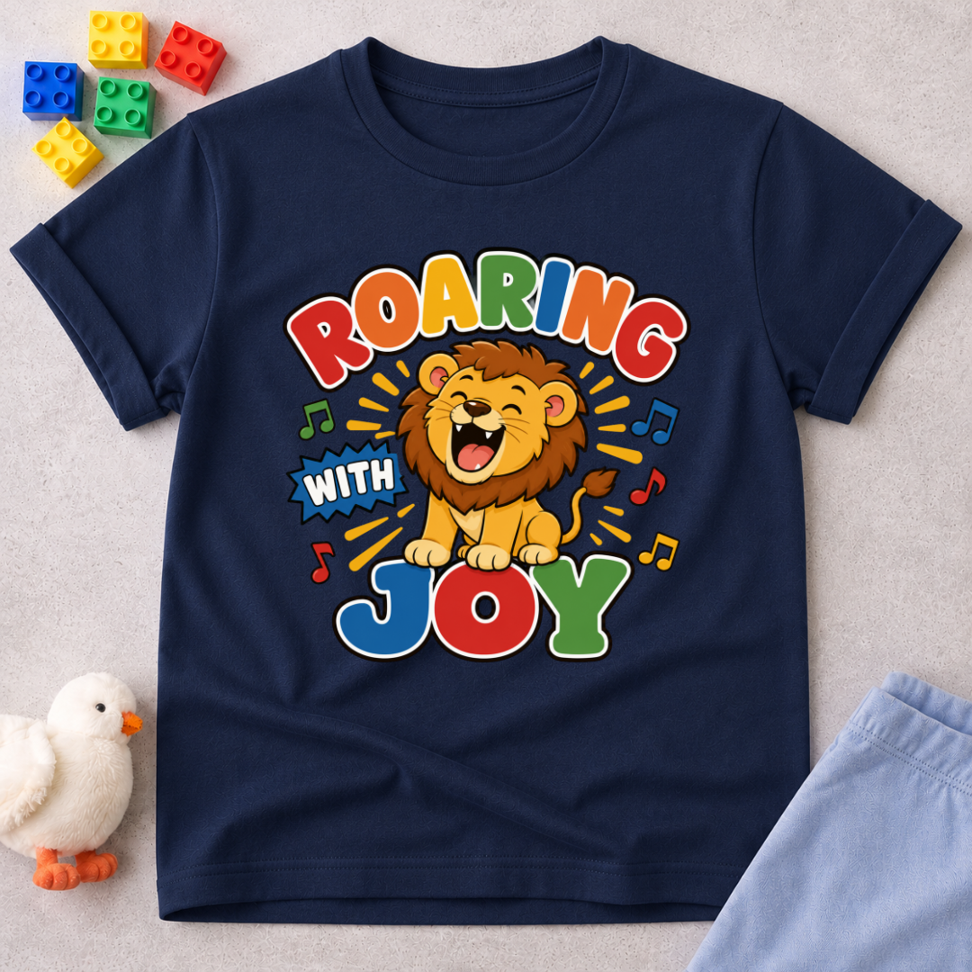 Roaring with Joy Christian kids shirt in navy featuring a happy lion singing with musical notes

