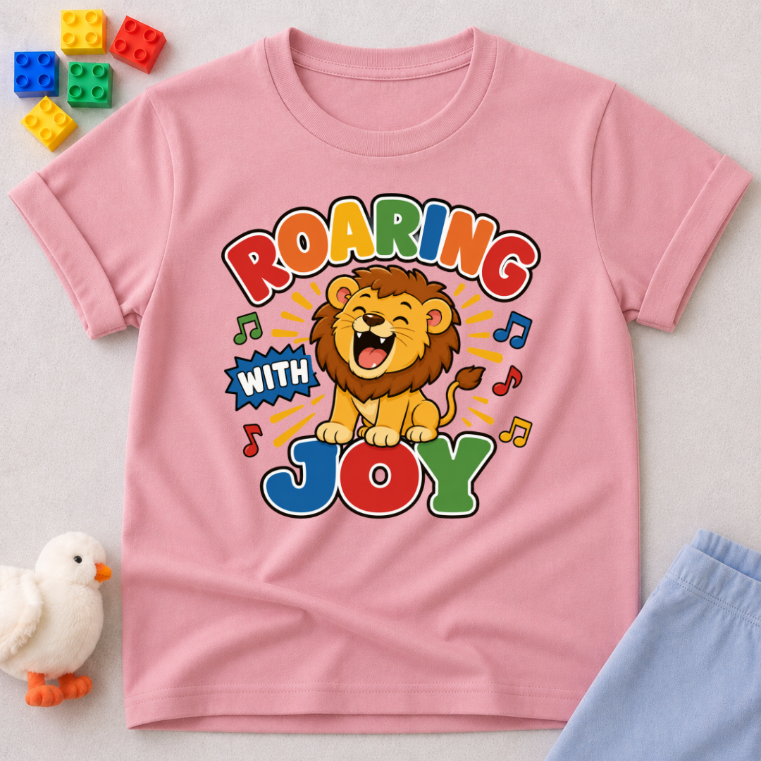 Roaring with Joy Christian kids shirt in pink featuring a happy lion singing with musical notes
