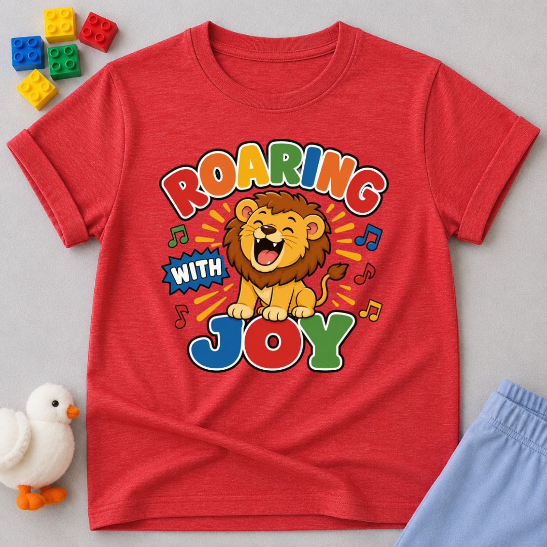 Roaring with Joy Christian kids shirt in red featuring a happy lion singing with musical notes
